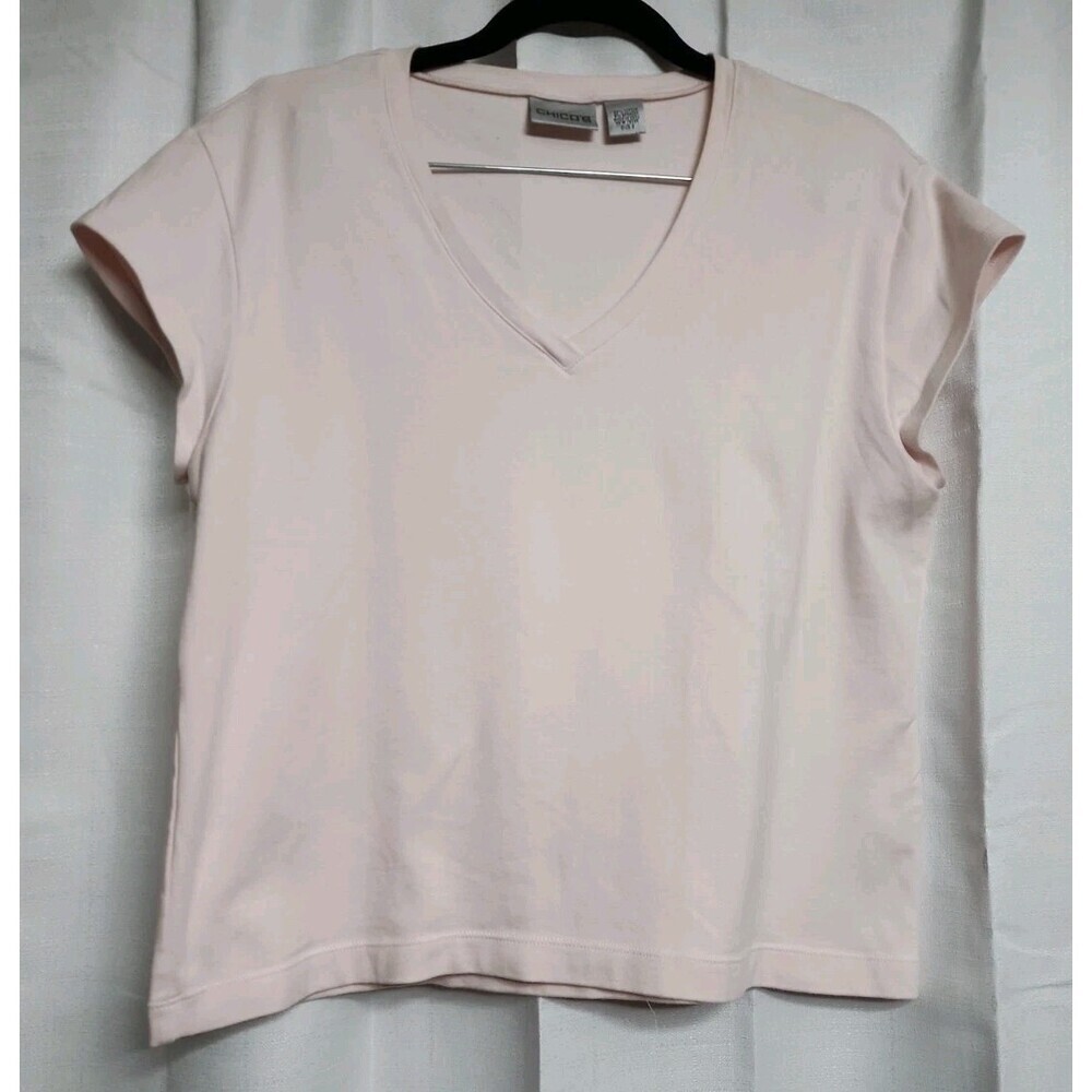 Chicos Womens Size 3 (XL 16/18 ) Pink Top  Short Sleeve V Neck Pullover  Top